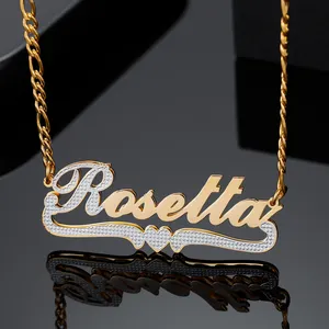 Personalized Double Plate 3D Name Necklace With Heart Custom 2 Tone Gold Plated Necklace