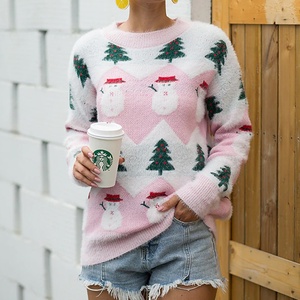 <span class=keywords><strong>Pull</strong></span> en tricot décontracté à col rond pour femmes, motif bonhomme de neige en fausse fourrure de vison, automne-hiver - Product Image 1