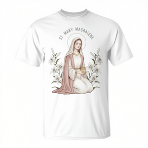Camiseta con símbolo de la lirio de Santa María Magdalena para la devoción de Pascua - Product Image 2