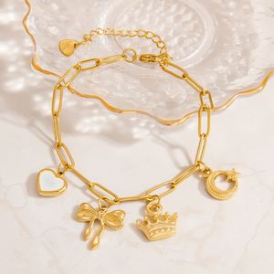 European American Style Titanium Steel <b>Bracelet</b> 18K Gold Plated Heart Crown Bow Moon Charm Jewelry For Women Gift - Product Image 1