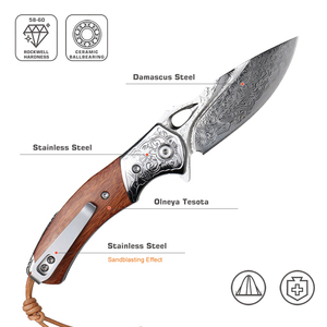 Navaja Plegable de Acero de Damasco con Mango de Madera de Hierro del Desierto, Cuchillo EDC Afilado para Uso Diario, Camping y Senderismo - Product Image 2