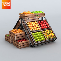 Professionele dubbelzijdige lichtgewicht grote capaciteit supermarkt houten metalen fruit- en groentepresentatiestand BPA-vrij