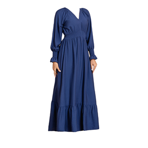 Robe longue décontractée bleue à col en V et manches longues avec volants, taille élastique, coupe trapèze, couleur unie, pour femme, printemps - Product Image 1