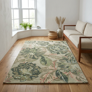 Tapis d'intérieur écologique en mélange laine/coton tissé à la main, brodé floral, vert ivoire, design classique, antidérapant, en coton, pour exercices et prières - Product Image 2