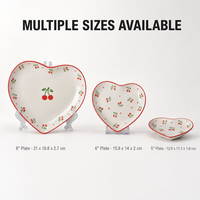 Ensemble de 3 assiettes en céramique en forme de cœur, peintes à la main, bord rouge, motif cœur cerise en relief, glaçure transparente, vaisselle de cuisine