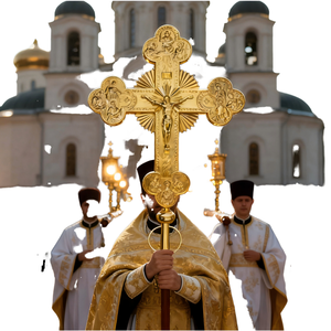 Cruz Procesional Ortodoxa Oriental HT, Chapada en Oro, Grabada por Ambos Lados, Aleación de Zinc, Cruz Religiosa con Ángeles y <span class=keywords><strong>Doce</strong></span> Apóstoles, 75 cm - Product Image 1