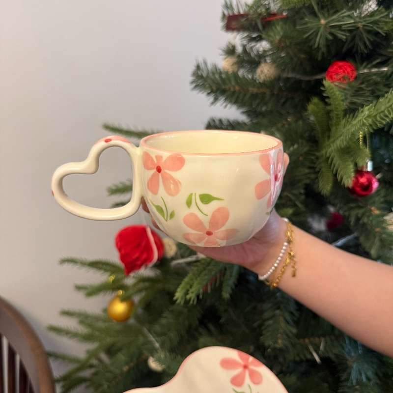Fleur rose feuille verte tasse unique