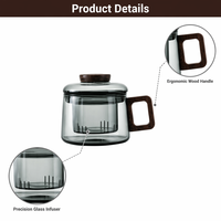 Mug à thé en verre borosilicate gris fumé de qualité supérieure, 150 ml, avec poignée en bois, tasse résistante à la chaleur pour théière et verres à thé