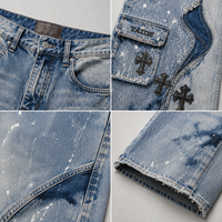 TaiDe Commande personnalisée Jean baggy évasé délavé à l'acide avec patch croisé en cuir et éclaboussures de peinture, ourlet brut, Fabricant OEM, faible MOQ, vente en gros