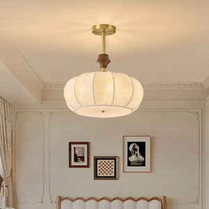 French Vintage Style All Copper Fabric Chandelier Round E26 LED <b>Light</b> Bedroom Dining Room <b>Ceiling</b> Lamp - Product Image 3
