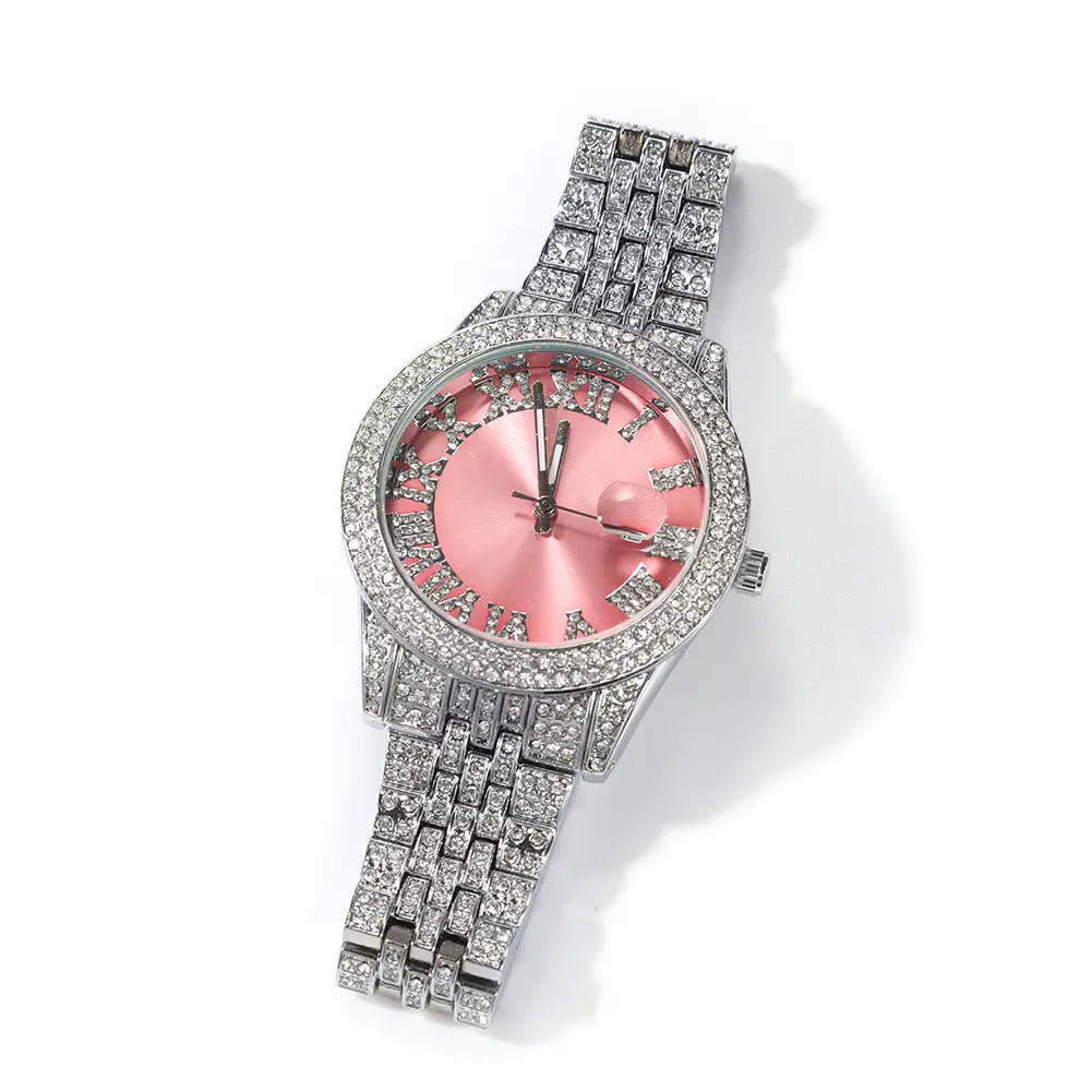 Luxo Mulheres Hiphop Iced Bling Rodada Zircão Diamantes Rosa Grande Dial Calendário Quartz Watch