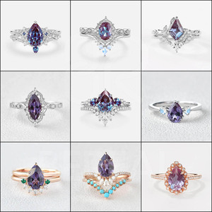 Bagues de fiançailles de luxe en alexandrite de laboratoire taille poire, en argent 925 personnalisé, avec moissanite verte, ensemble de bagues de mariage pour couple, bijoux fins pour femme - Product Image 4