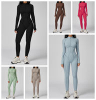 Combinaison de yoga et de sport pour femme, à col montant et fermeture éclair, manches longues, élastique, effet ventre plat