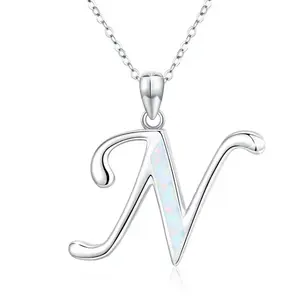 Personalised Necklace 925 Sterling Silver Initial N Monogram Letter Pendant With Created Opal Alphabet Necklace Jewelry