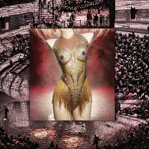 Costume da Esibizione Latina con Strass e Frange Dorate per <span class=keywords><strong>Cantante</strong></span> e DJ Femminile, in Poliestere/Rayon - Product Image 3