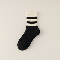 Chaussettes mi-mollet en coton épais et polaire pour femme, rayées noir et blanc, chaudes et douillettes pour l'automne et l'hiver