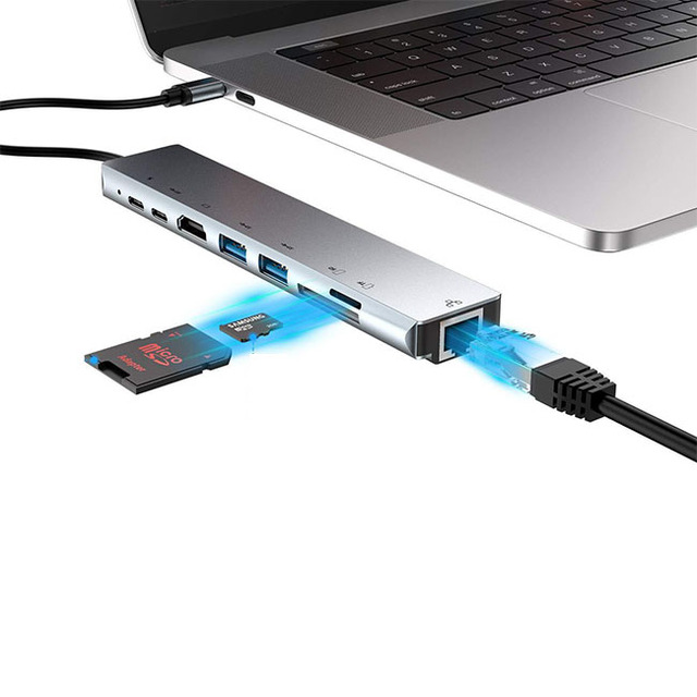 USB C 8-in-1 Mini Docking Station with HDTV 2x USB-A Ethernet SD Card Read