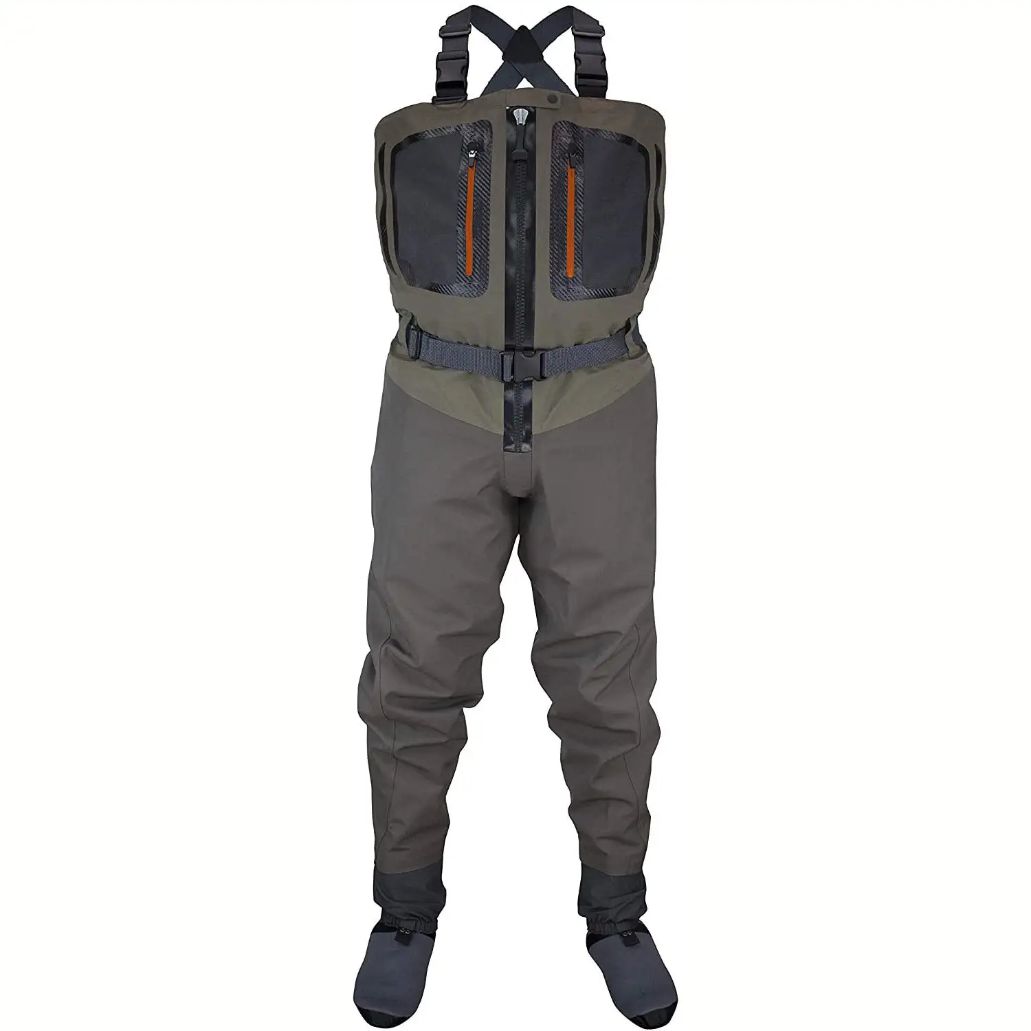 Fishmen impermeable transpirable pecho wader Stocking Foot waders con cremallera frontal y bolsillos para caza y pesca