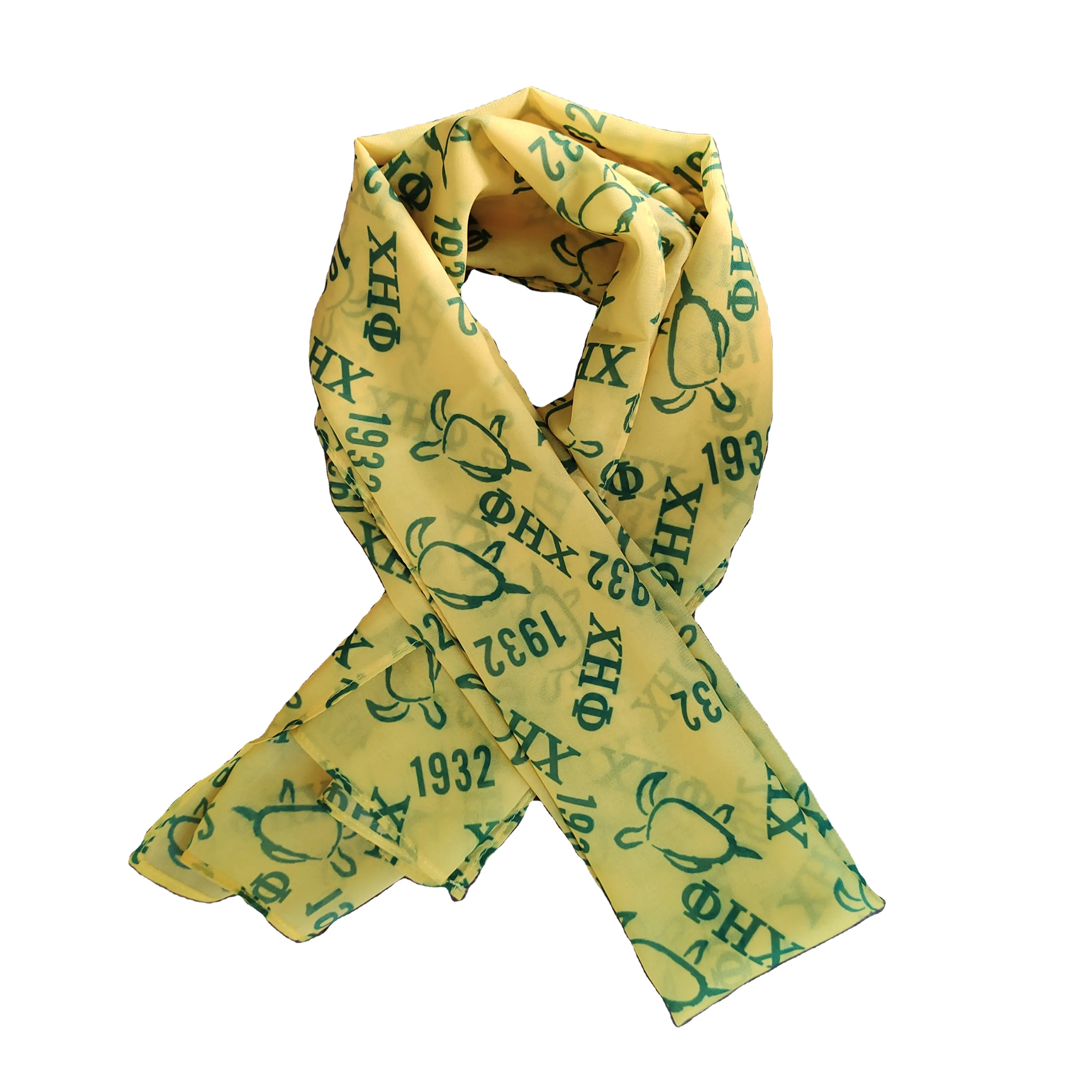 60*12 inch Customized logo sport football scarf 1932 Chi Eta Phi Green Yellow Accessory Sorority Imitation Silk XHO Scarves Gift