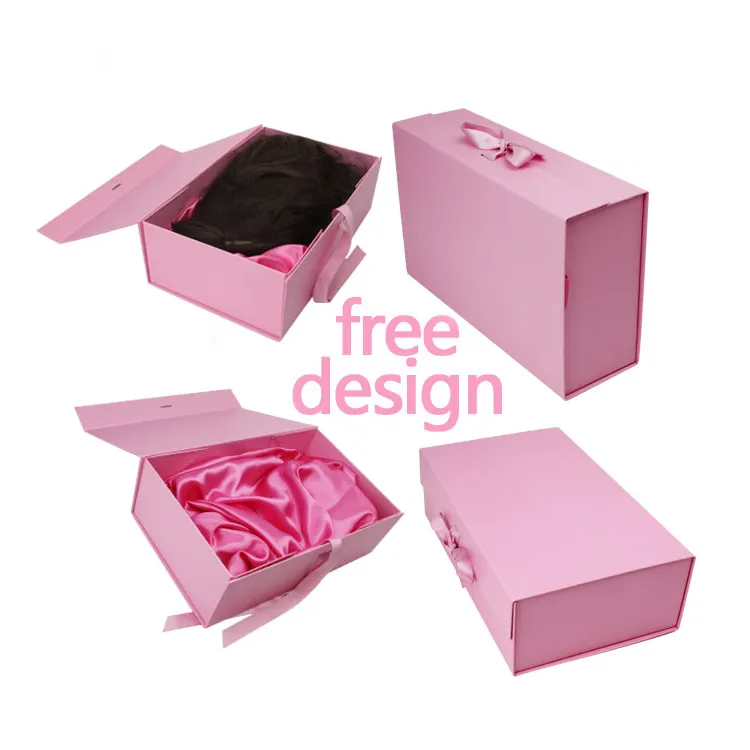 Custom Wholesale Luxury Hair Wig Packaging Pink Box Closure Custom Logo Magnetic Gift Wig Hair Box Package with Ribbon