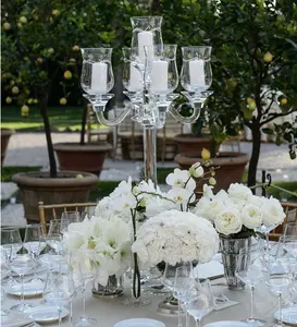 MH-ZT149 Moderne Pas Cher Cristal Bougeoirs En Gros 5 Bras Cristal Candélabres Clair Pour Centres De Table De Mariage