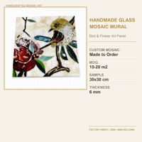 Mural Mosaik Seni Kaca Buatan Tangan Khusus dengan Motif Burung, Bunga, dan Batu untuk Dinding Fitur Villa, Hotel, dan Lobi