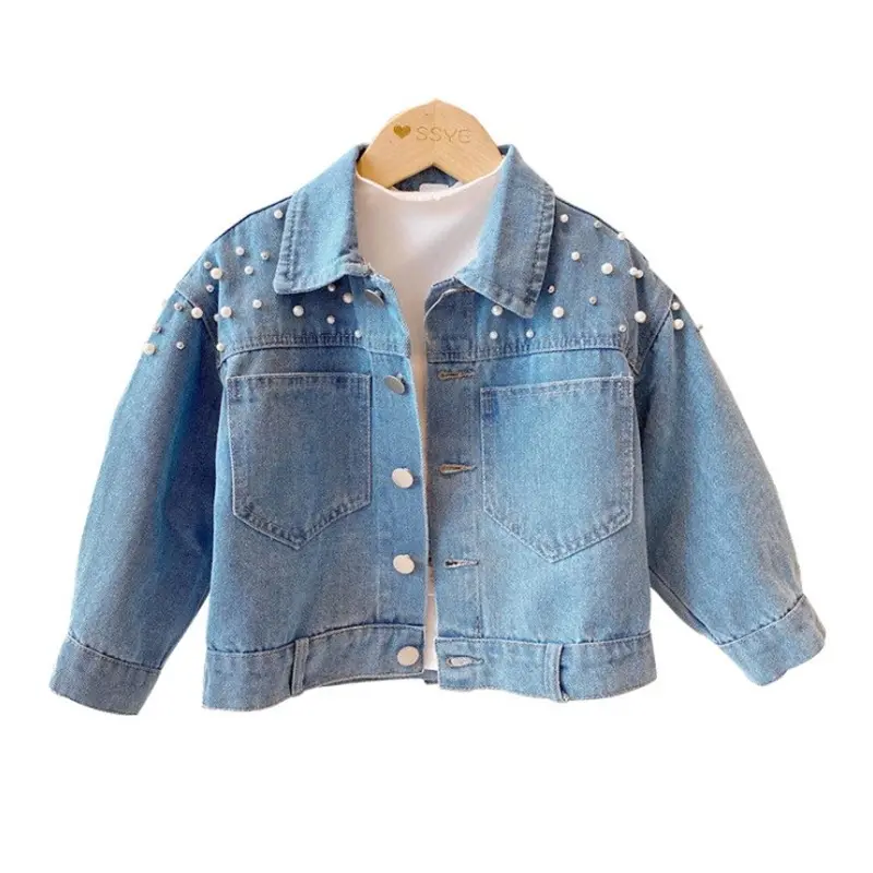 Ivy41625A Jaket Denim Anak Perempuan, Jaket Denim Manik-manik Mutiara Putri Manis Modis Model Korea Musim Semi untuk Anak Perempuan