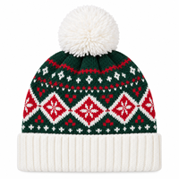 Bonnet tricoté personnalisé avec logo, motif flocon de neige Fair Isle jacquard, pompon, revers, pour l'hiver, vente en gros