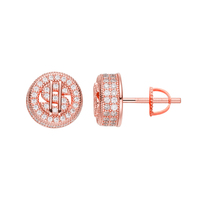 Boucles d'oreilles clous rondes Hip Hop personnalisées, motif dollar, en argent sterling 925 plaqué or, serties de zircons cubiques