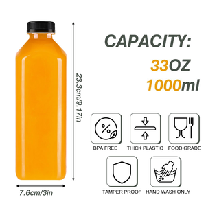 Botella Cuadrada de PET para Jugo al por Mayor, 980ml, Envase de Grado Alimenticio para Bebidas, Tapa con Sello de Seguridad, Transparente, Reutilizable, 33oz - Product Image 2