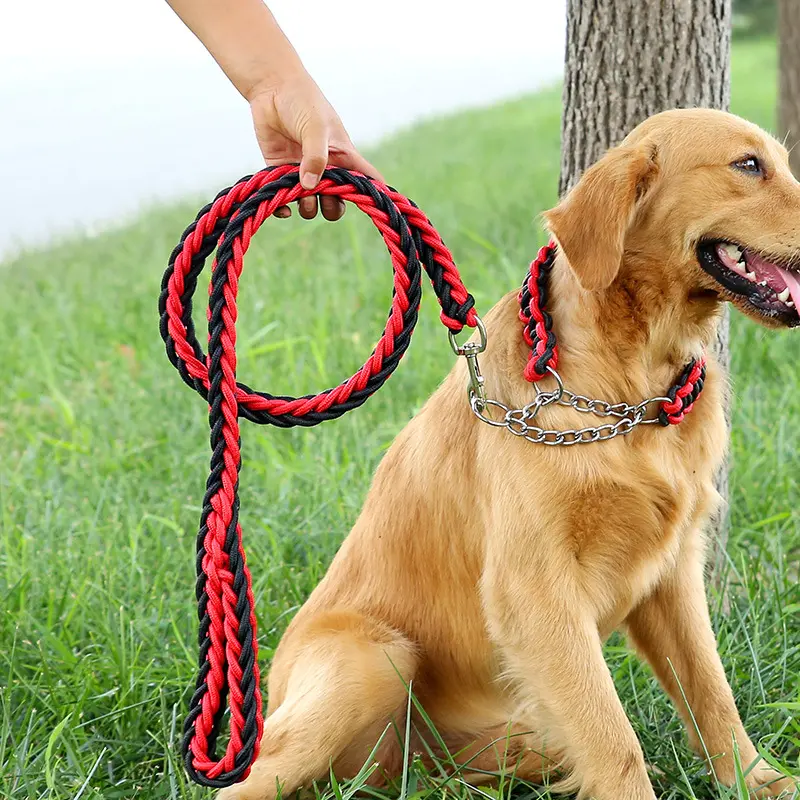 Hoge Kwaliteit Medium Grote Hond Producten Gevlochten Zwart Rood Nylon Grote Hondenriem Met Metalen Ketting