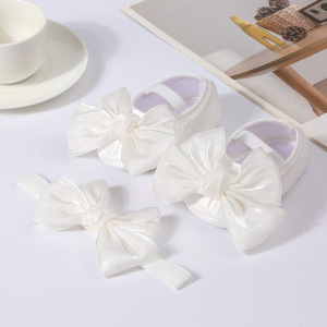 Princess Bowknot Baby Girls Baptism Shoes with <strong>Headband</strong> Cute Shiny Mary Jane Flats and Hairband Soft Sole Kids First <strong>Walkers</strong> - Product Image 3