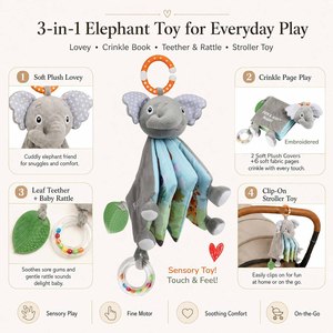 Livre en tissu froissé doux et sensoriel pour bébé, jouet en peluche éléphant pour nourrissons, livre tactile et sensoriel en tissu, jouet pour bébé éléphant - Product Image 3