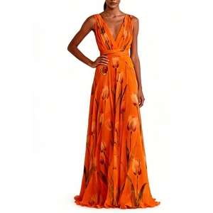 Abito lungo da <span class=keywords><strong>donna</strong></span> senza maniche con stampa tulipani, scollo a V, in chiffon, per serate ed eventi - Sehe Fashion - Product Image 3