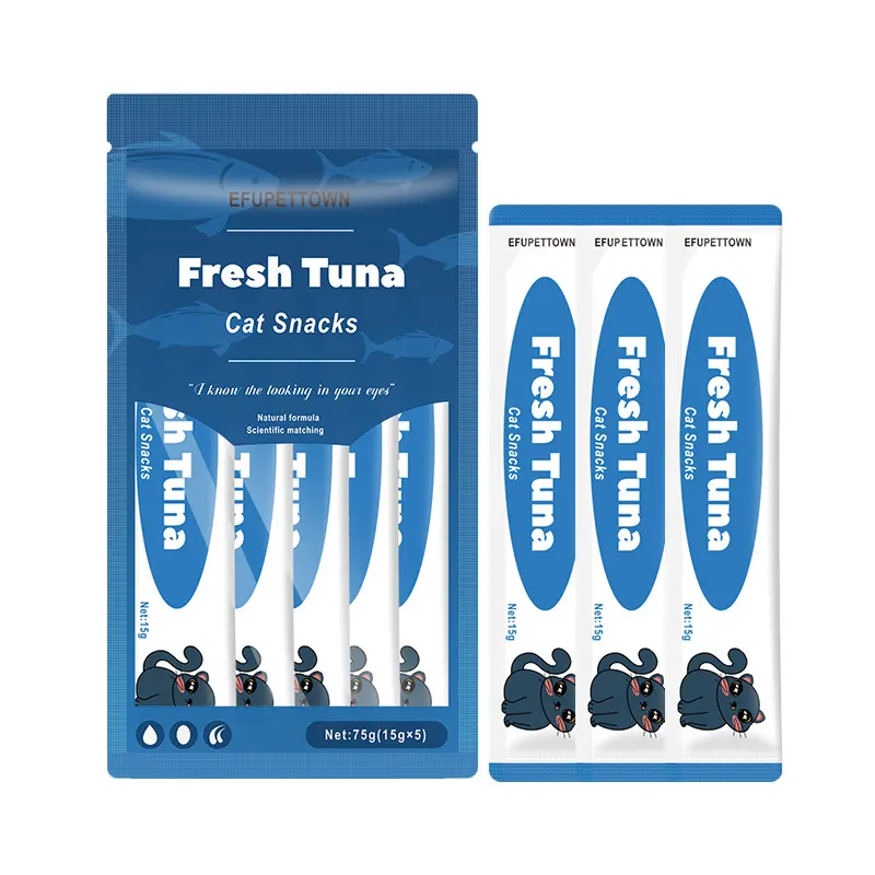 Harga grosir OEM ODM 15 gram rasa tuna segar makanan ringan anjing dan kucing peliharaan