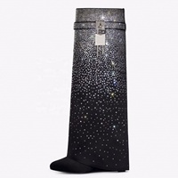 Bottes hautes pour femmes avec décoration en forme de requin en métal, talons compensés pliables, chaussures entièrement serties de diamants, à enfiler, bout pointu, superposition de bottes longues