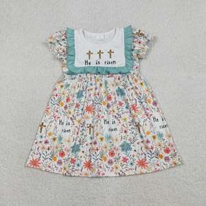 Vestido de Pascua para Niñas en Stock, con Diseño de Cruz, Flores y Hojas, en Azul-Verde, con Encaje y Manga Corta, Ropa para Niñas - Product Image 6