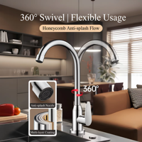 Robinet de cuisine moderne en chrome, rotatif, chaud/froid, multifonctionnel, en acier inoxydable, avec cuve en céramique pour légumes, idéal pour hôtels - Vente Flash