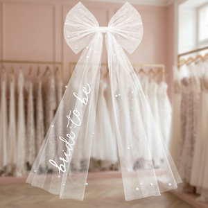 Velo de novia de malla con lazo de perlas y texto bordado, accesorio para el cabello de boda - Product Image 6