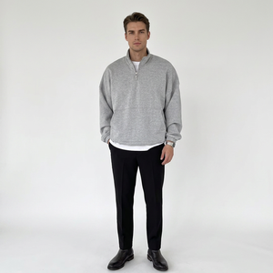 Men's Quarter Zip <b>Sweatshirt</b> Oversized Regular Fit Solid Gray 100% Cotton Fleece Eco-Friendly 480g Minimalist Autumn Wear - Product Image 1