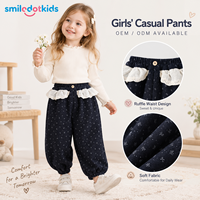 Smiledotkids Pantalon de jogging personnalisé pour enfants, bleu marine, taille en dentelle, imprimé floral, doux, OEM ODM, faible MOQ, pour petites filles, vente en gros
