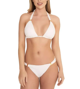 Conjunto de bikini de dos piezas con textura de panal ecológica de alta calidad, personalizado al por mayor, con corte alto y accesorios dorados, para playa y natación. - Product Image 5