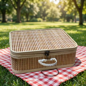 Picnic Basket with Deluxe Service Set Wicker Picnic <b>Hamper</b> <b>for</b> Natural Storage Baskets Bamboo Brown <b>Box</b> Custom - Product Image 2