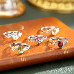 9 Anillos Ajustables con Alas de Ángel de Piedra Natural de Corte Ovalado de 5*7mm, Plata de Ley 925, Chapado en Oro de 18K, Joyería para Mujer - Product Image 3