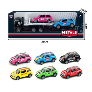 Camion con pianale in lega in scala 1:64 con mini auto, set di veicoli da trasporto in metallo pressofuso per bambini, regalo da collezione - Product Image 1