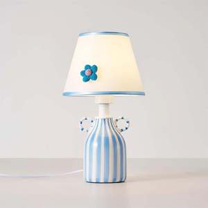 Lámpara de mesa de cerámica con rayas azules y diseño floral para dormitorio o estudio, con interruptor de luz LED E27 - Product Image 1