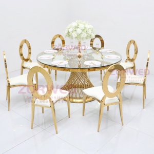 Bàn ăn tròn bằng kính thép không gỉ mạ vàng sang trọng hiện đại và ghế tiệc lưng oval cho sự kiện tiệc tùng - Product Image 1