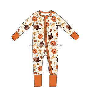 All'ingrosso pagliaccetto con cerniera per bambini in bambù di Halloween carino un pezzo per la ragazza autunno ghianda sorrisi stampa manica lunga pigiami abbinati per bambini - Product Image 1