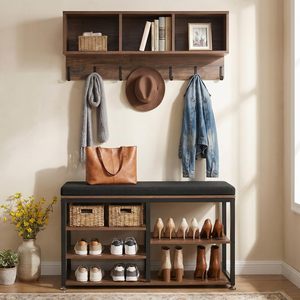 SENYU Modern Wood <b>Coat</b> <b>Rack</b> with Bench <b>Shoe</b> Storage 6 Hooks Wall Mounted Entryway Organizer Multifunctional Furniture - Product Image 1