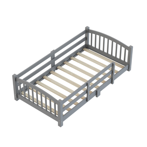 Lit de sol pour enfants gris, avec barrières de sécurité tout autour sans porte, design Montessori adapté aux chambres d'enfants - Product Image 4
